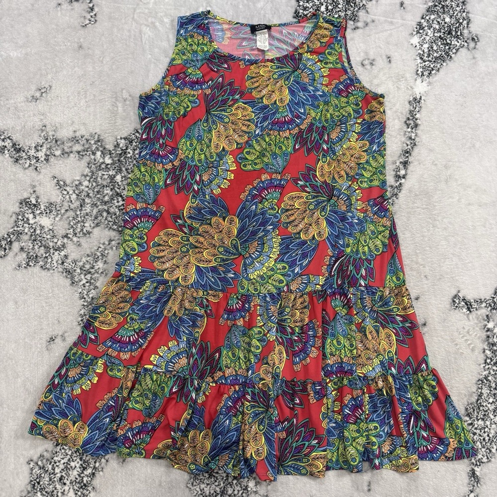 MSK‎ Womens 2X Colorful Paisley Floral Sleeveless Tiered Swing Dress Boho Artsy